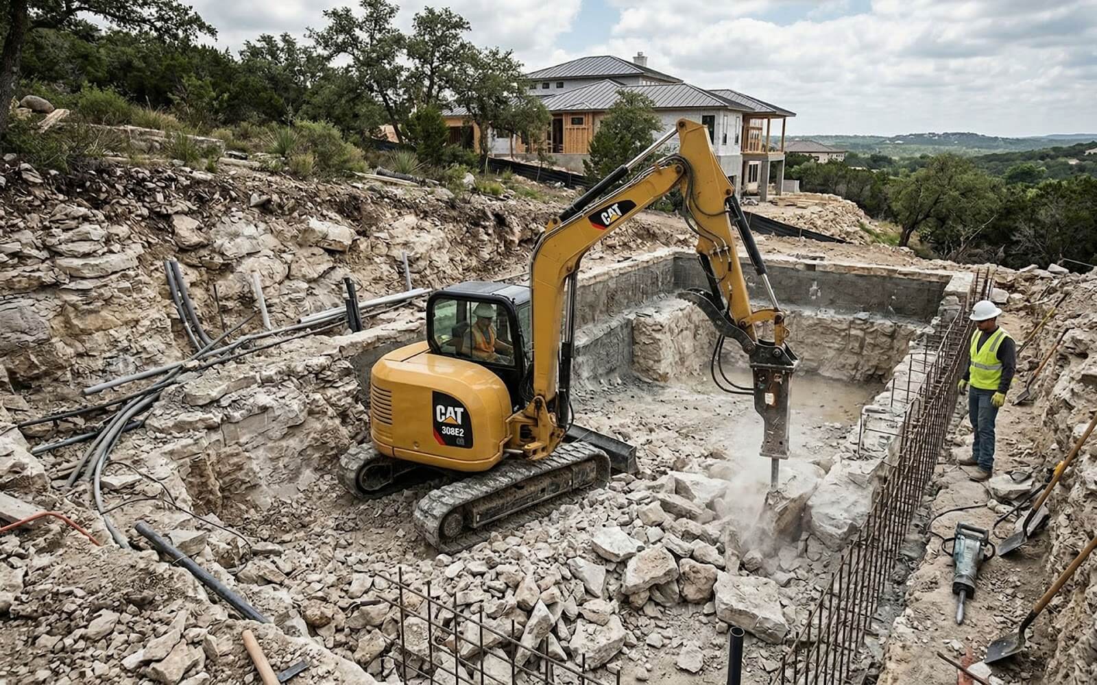 GPS-guided pool excavation in Austin Hill Country — limestone rock removal in progress