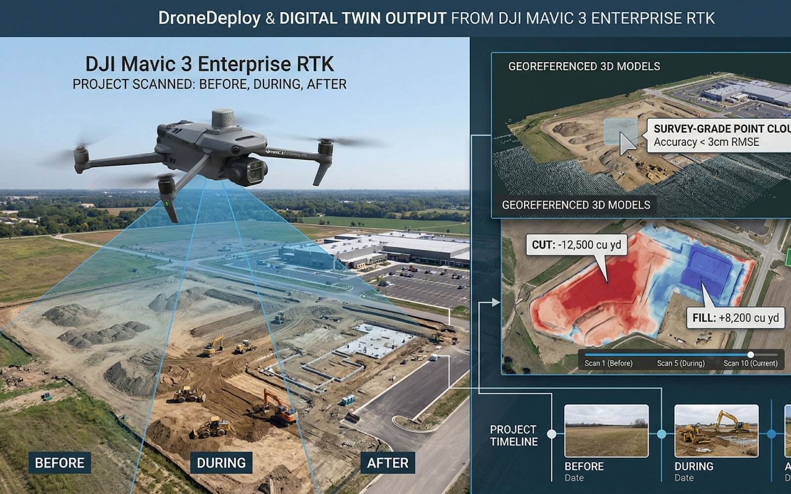 RTK drone survey — DJI Mavic 3 Enterprise generating 3D digital twin of construction site