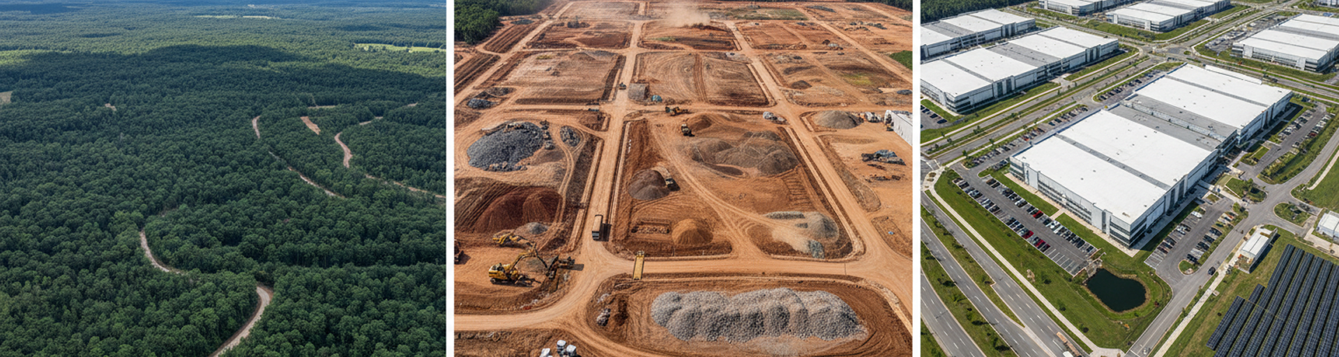Aerial flyover of corridor data center site at three phases — pre, mid, post