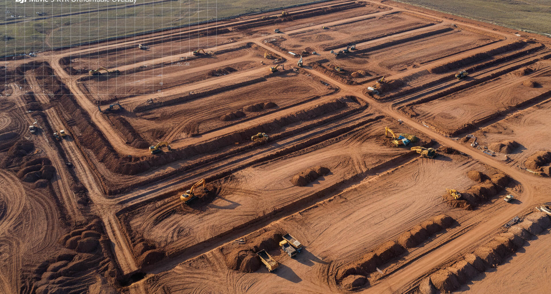 Aerial of a Central Texas hyperscale campus parcel mid-earthwork — 200+ acre cleared footprint, mass-graded pads, perimeter ROW visible