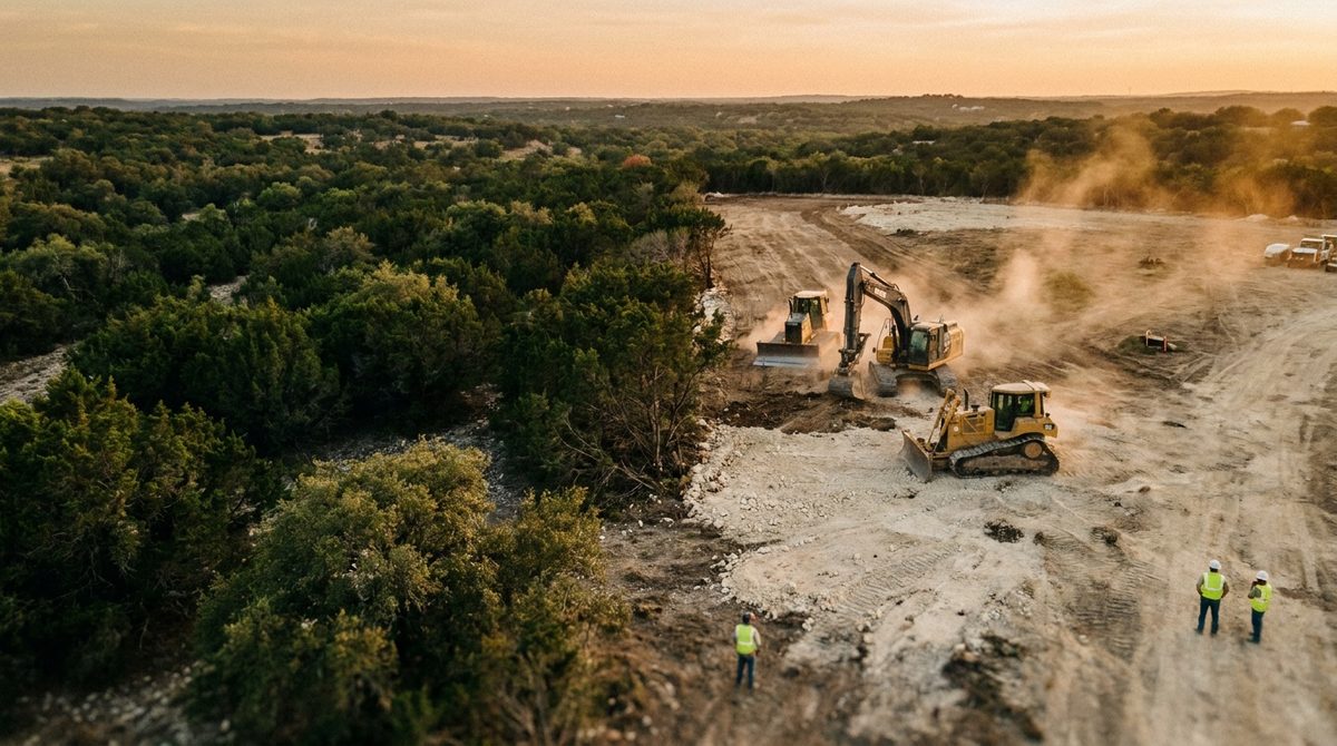 [Before/After Photo Set] Multi-acre Austin or Hill Country property. Drone aerial: before (dense cedar/brush) vs. after
