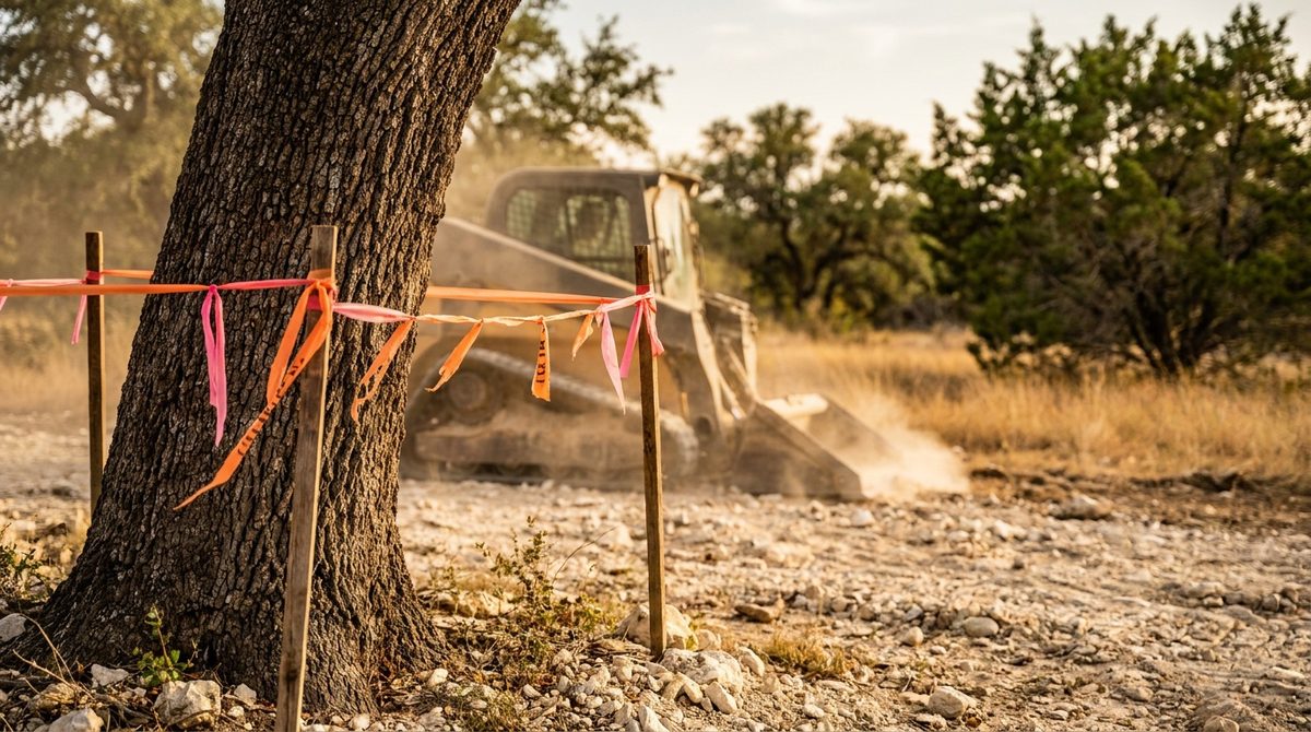 [CRZ Flagging Photo] Orange or pink CRZ boundary flagging visible around a heritage live oak. ClearGround