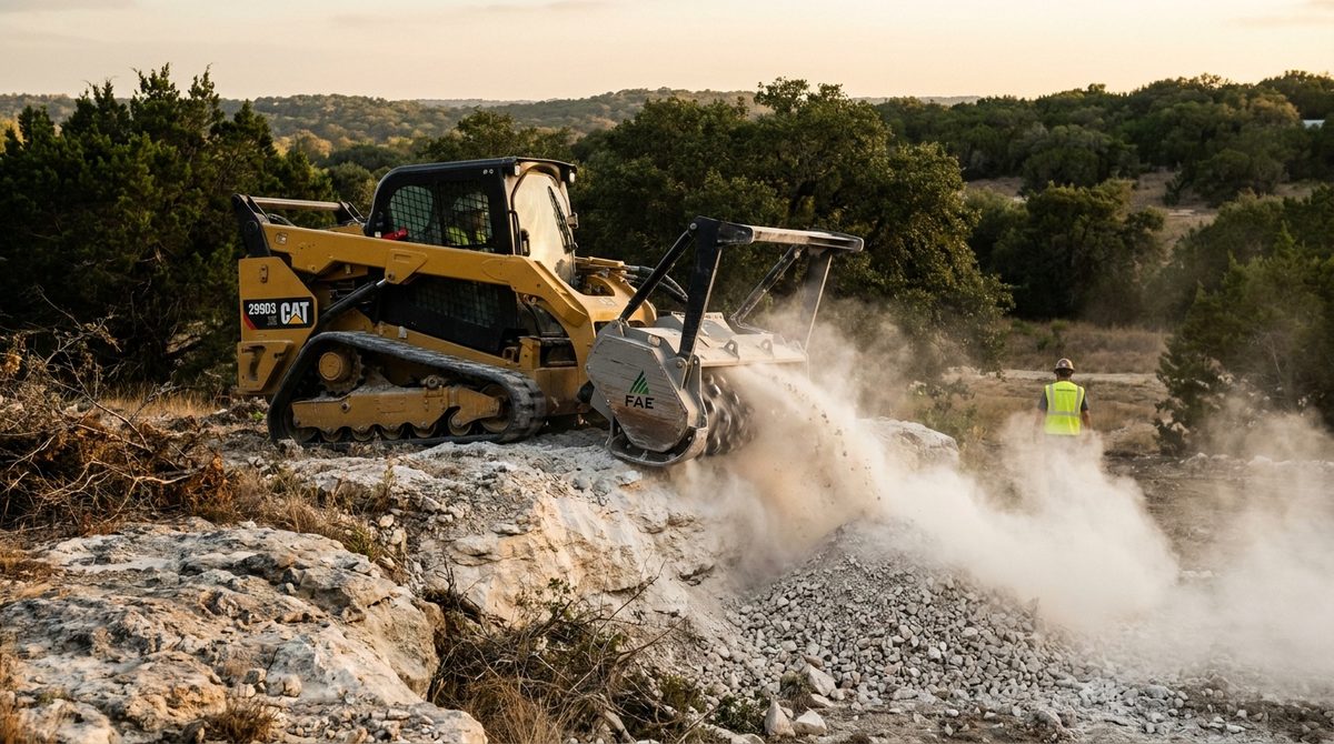 FAE Rock Crusher in Action CAT 299D3 XE + FAE attachment milling limestone Show drum contact