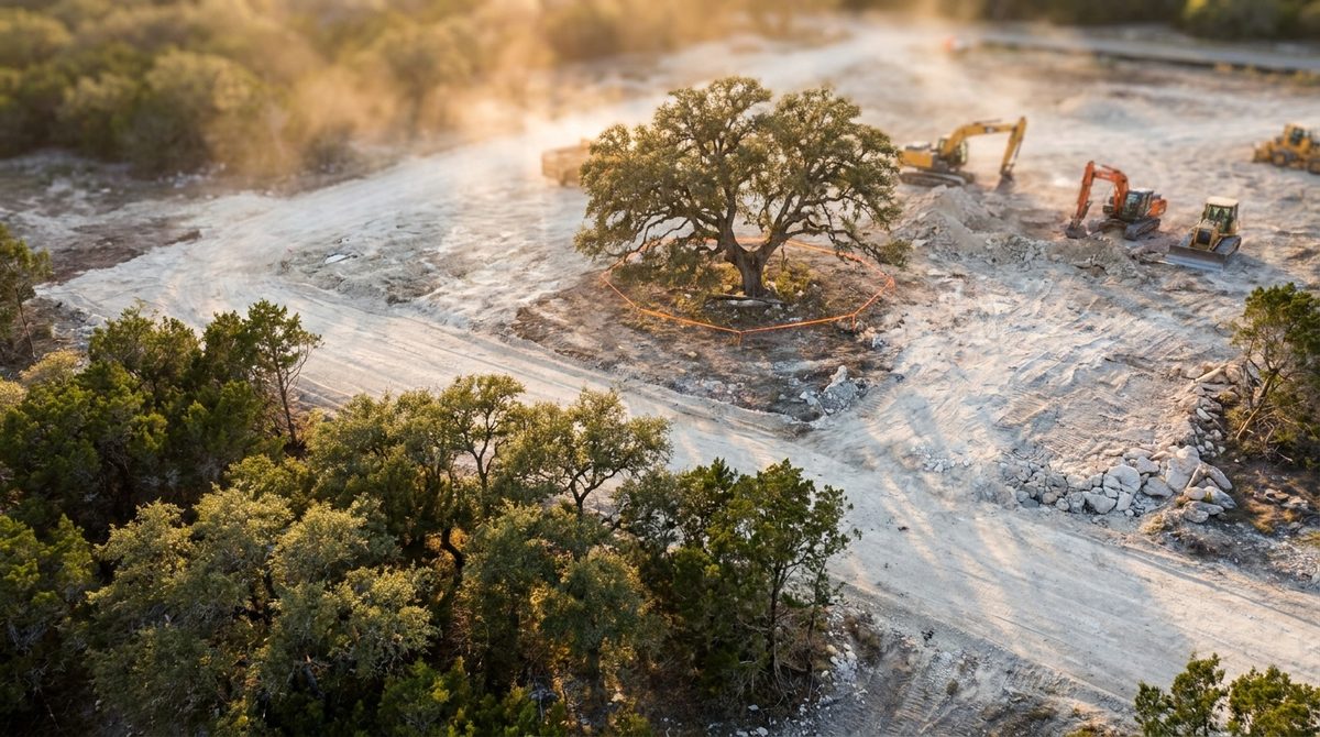 [Heritage Tree Boundary Photo] Aerial view showing CRZ flagging on a live oak during active site