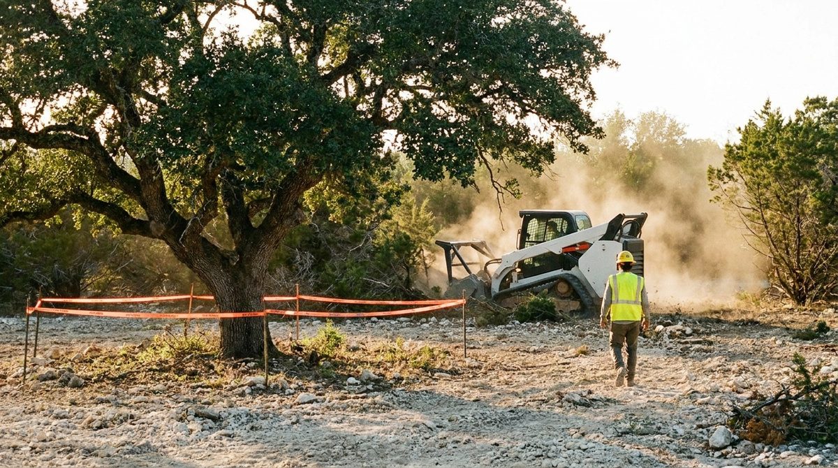 [Selective Clearing Mid-Work Photo] CAT 299D3 XE clearing non-protected vegetation. Heritage live oak with CRZ flagging