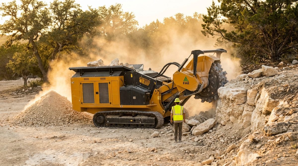 [Rock Milling Photo] FAE rock crusher processing Hill Country limestone shelf on a cleared lot. Show