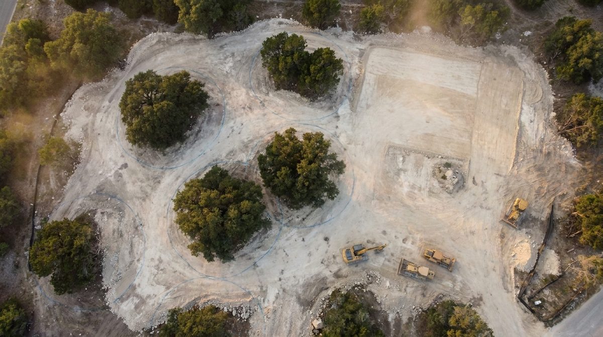 [Documentation Package Photo] DroneDeploy 3D interface showing post-clear orthomosaic of Austin lot. Heritage trees visible with