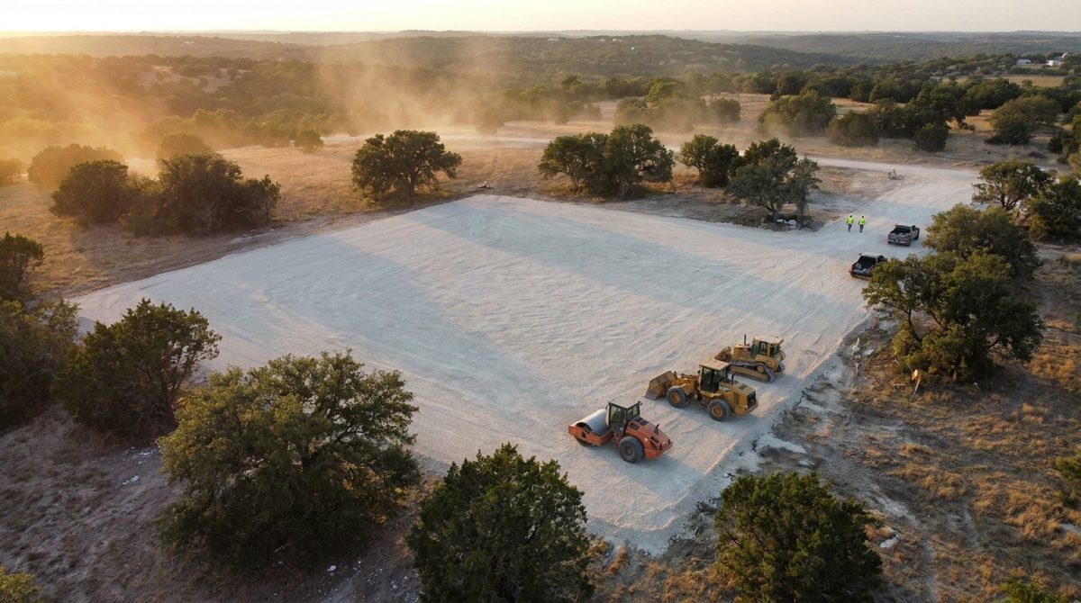 Completion Documentation Post-mill aerial: uniform crushed limestone surface DroneDeploy elevation overlay showing milled depth Before/after split