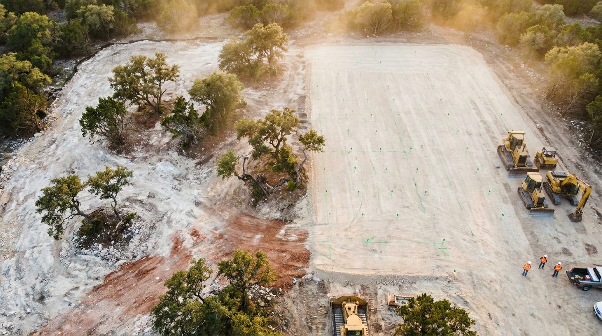 Pre-Grade Elevation Surface DroneDeploy terrain model of cleared lot Cut/fill analysis overlay — warm colors =