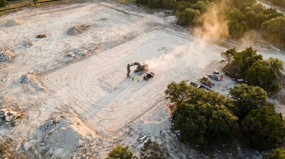 [Grading + Digital Twin Photo] Split image: CAT 308E2 CR grading in the field + DroneDeploy