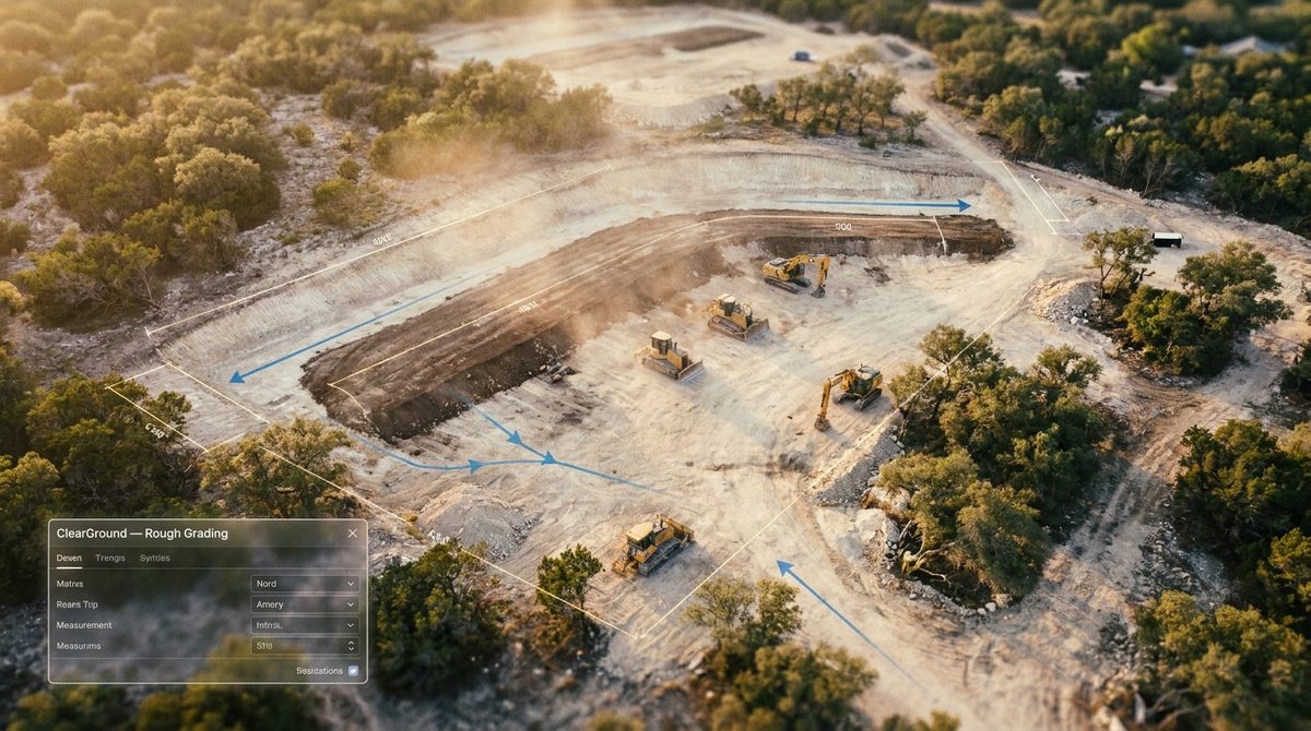 Pre-Grade Elevation Surface DroneDeploy terrain model of cleared lot Cut/fill analysis overlay — warm colors =