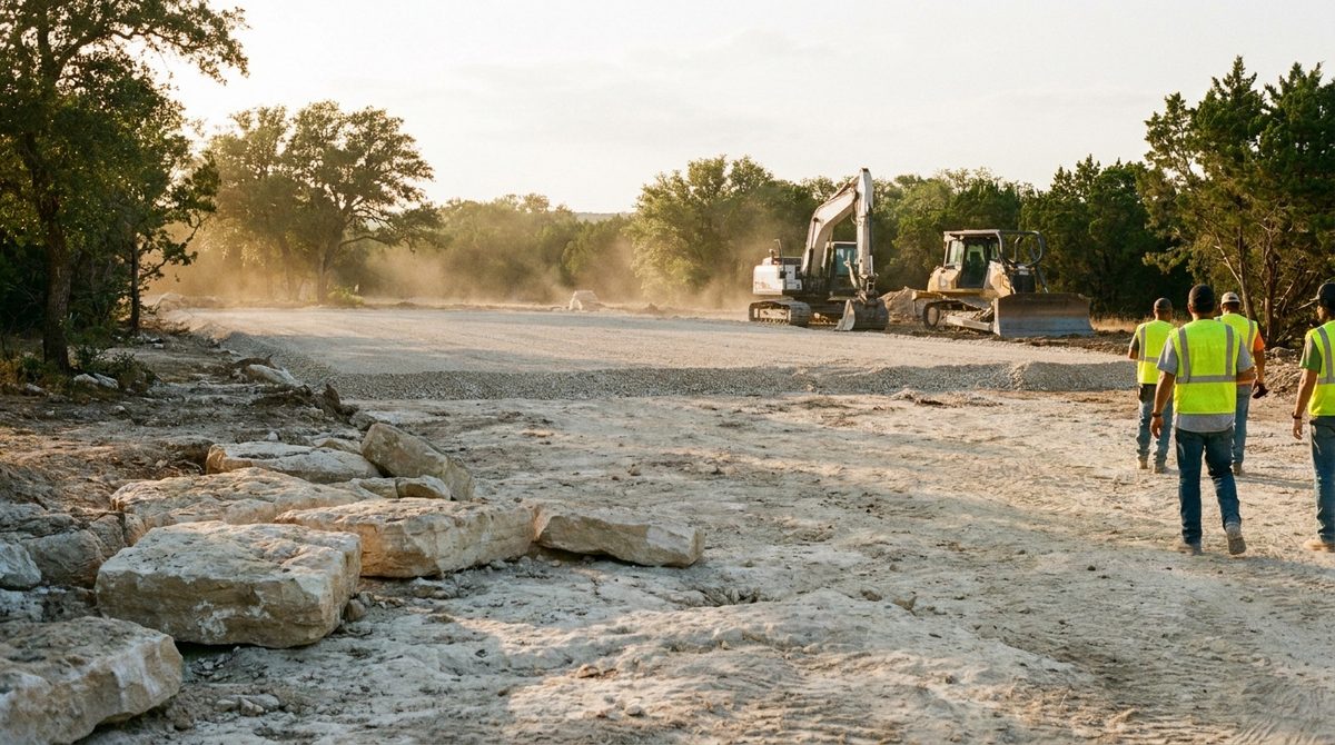 RM.01 Before/After Before: exposed limestone shelf on cleared lot Construction timeline blocked, no haul plan After: