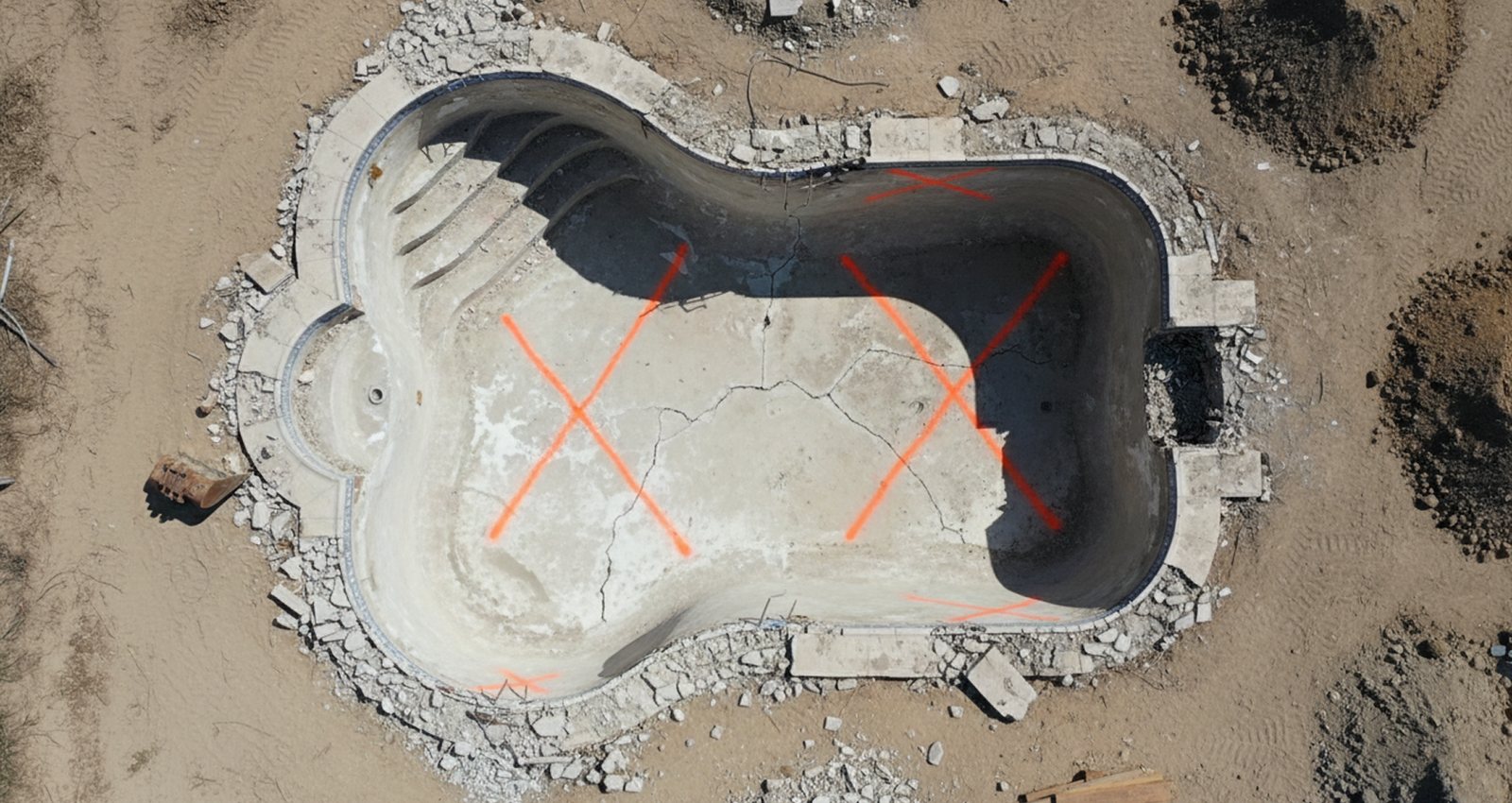 Aerial RTK scan of a cracked gunite pool shell marked for removal, pre-demolition