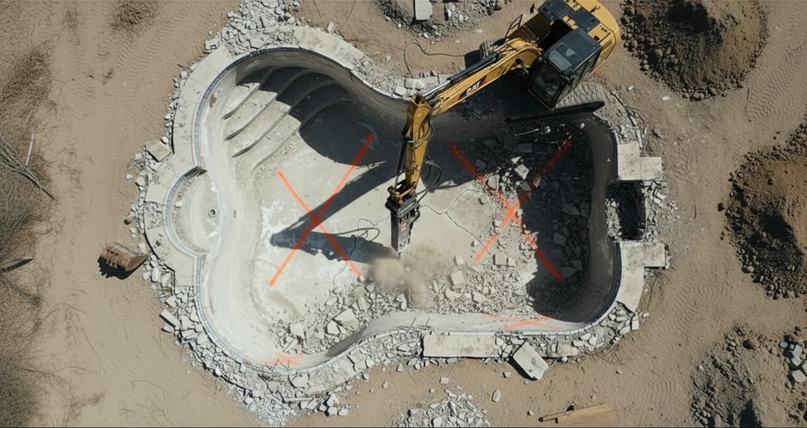 Excavator with hydraulic breaker breaking out the pool shell
