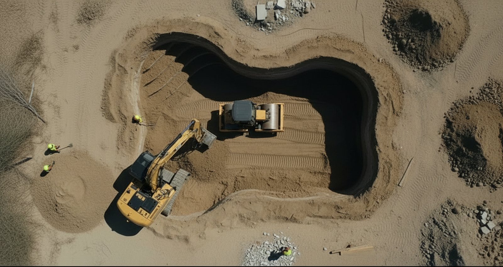 Excavator and compaction equipment placing engineered backfill in lifts
