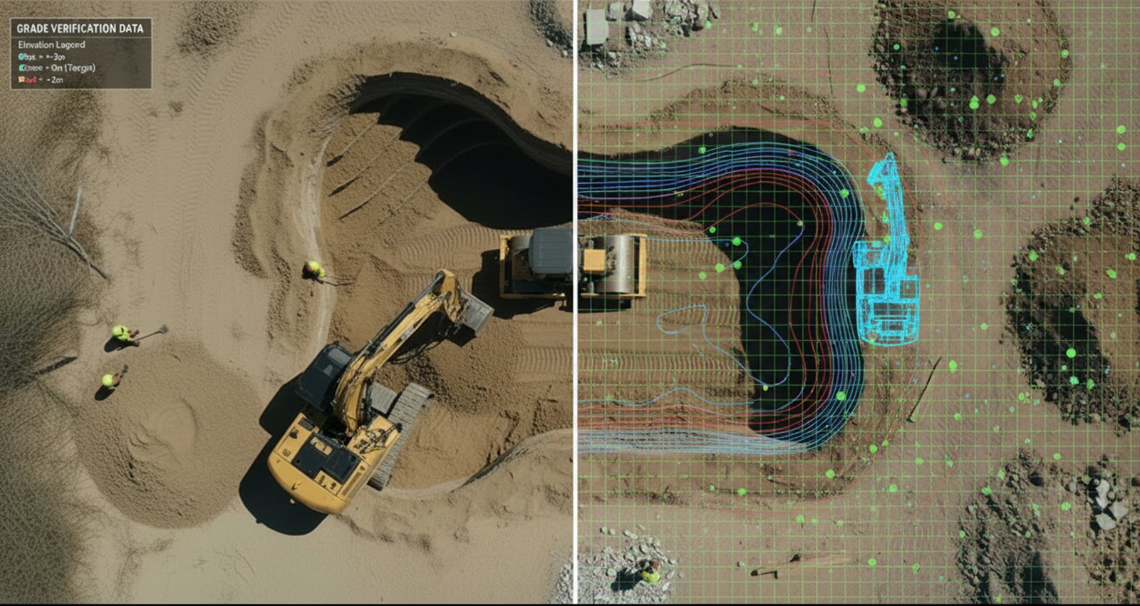 Grade verification data overlay comparing site to RTK elevation model