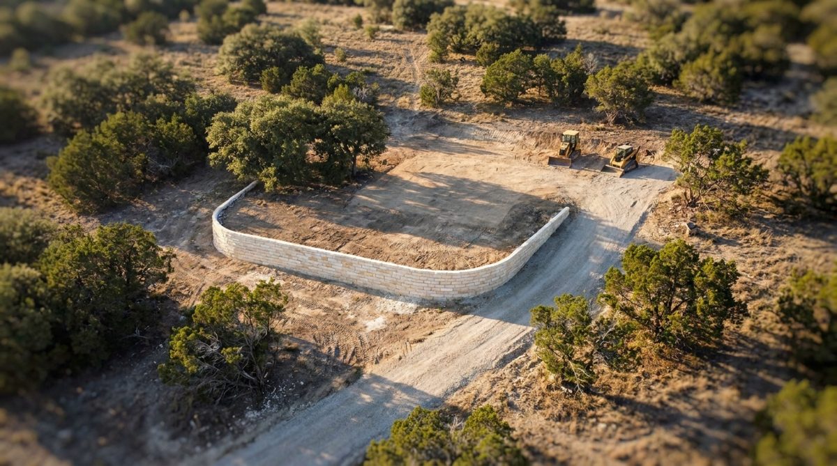 Aerial drone view of a retaining wall and graded pad