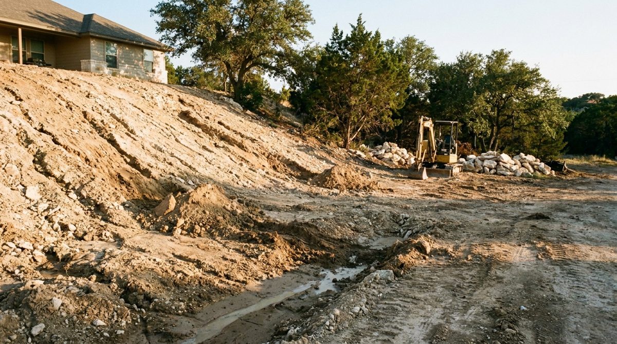 Raw eroding hillside slope before a retaining wall