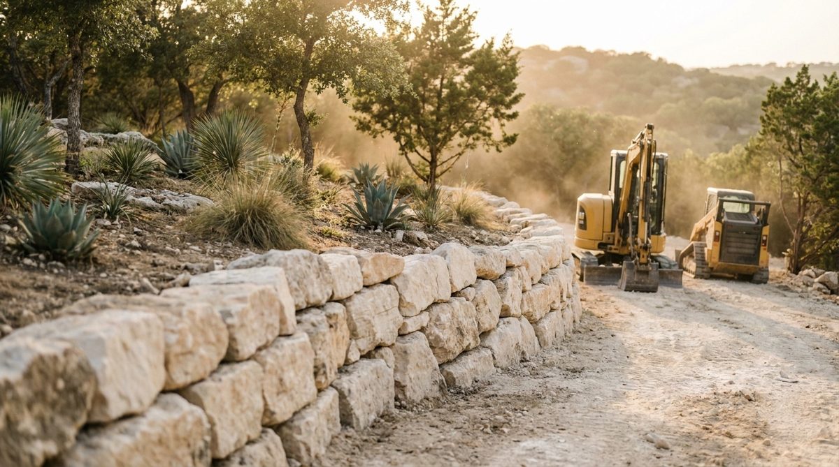 Finished natural limestone boulder retaining wall terracing a slope