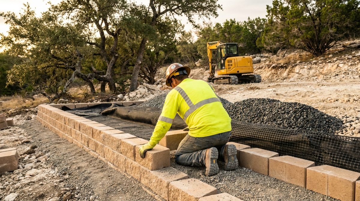 Retaining wall under construction with geogrid and drainage gravel