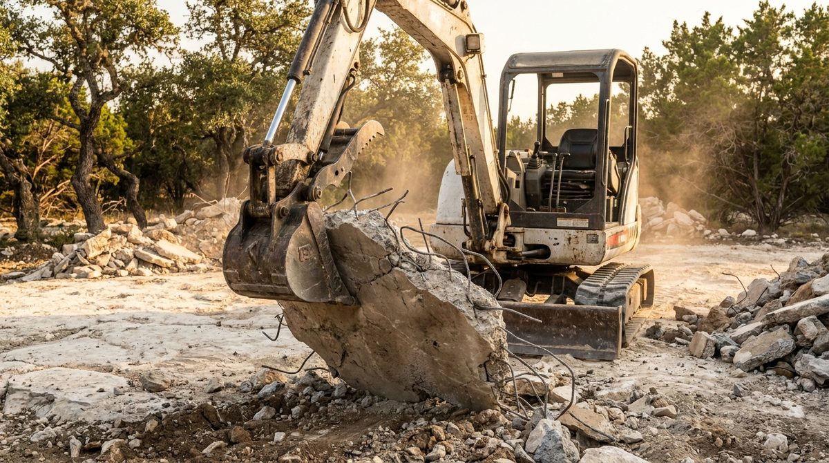 Excavator with hydraulic thumb removing a concrete slab foundation