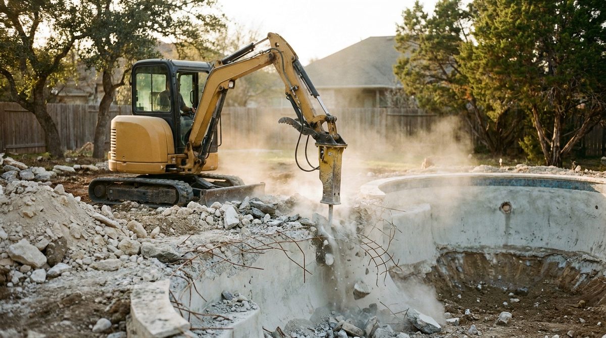 Excavator with hydraulic breaker demolishing a gunite pool shell