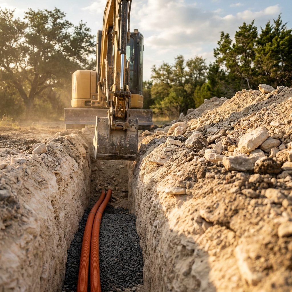 Open utility trench with conduit set on gravel bedding