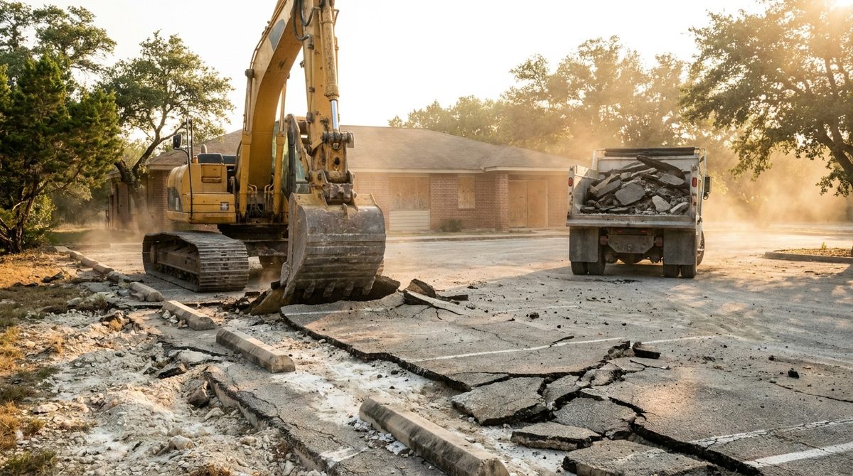 Excavator peeling up an old commercial asphalt parking lot and loading it into a dump truck