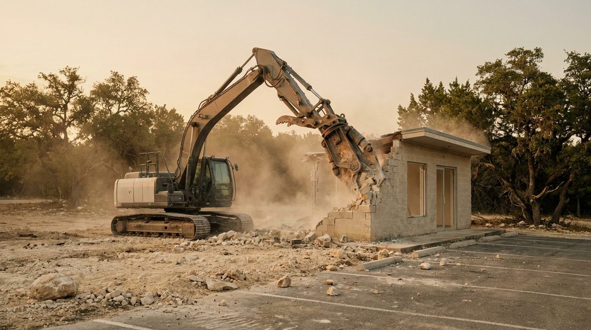 Excavator with a demolition shear taking down a single-story concrete-block retail building