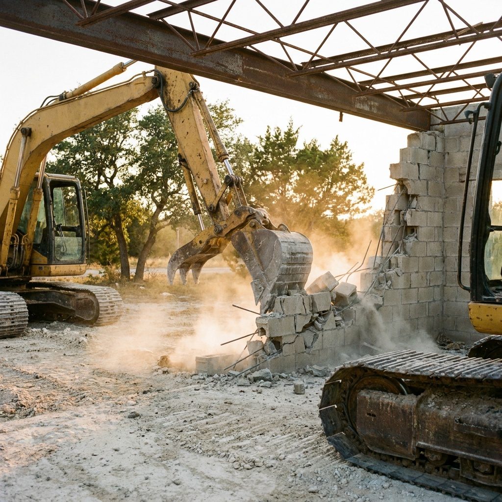 Excavator with hydraulic thumb pulling down a concrete-block wall under steel bar joists