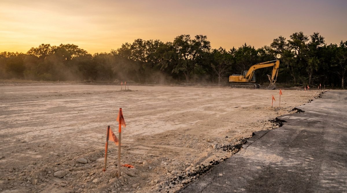 Cleared and rough-graded commercial building pad with survey flags and an excavator at dusk (illustration)