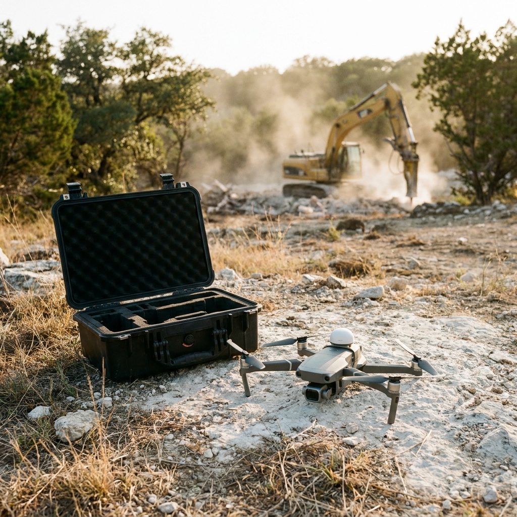 Survey-grade RTK drone on its case at a commercial demolition site