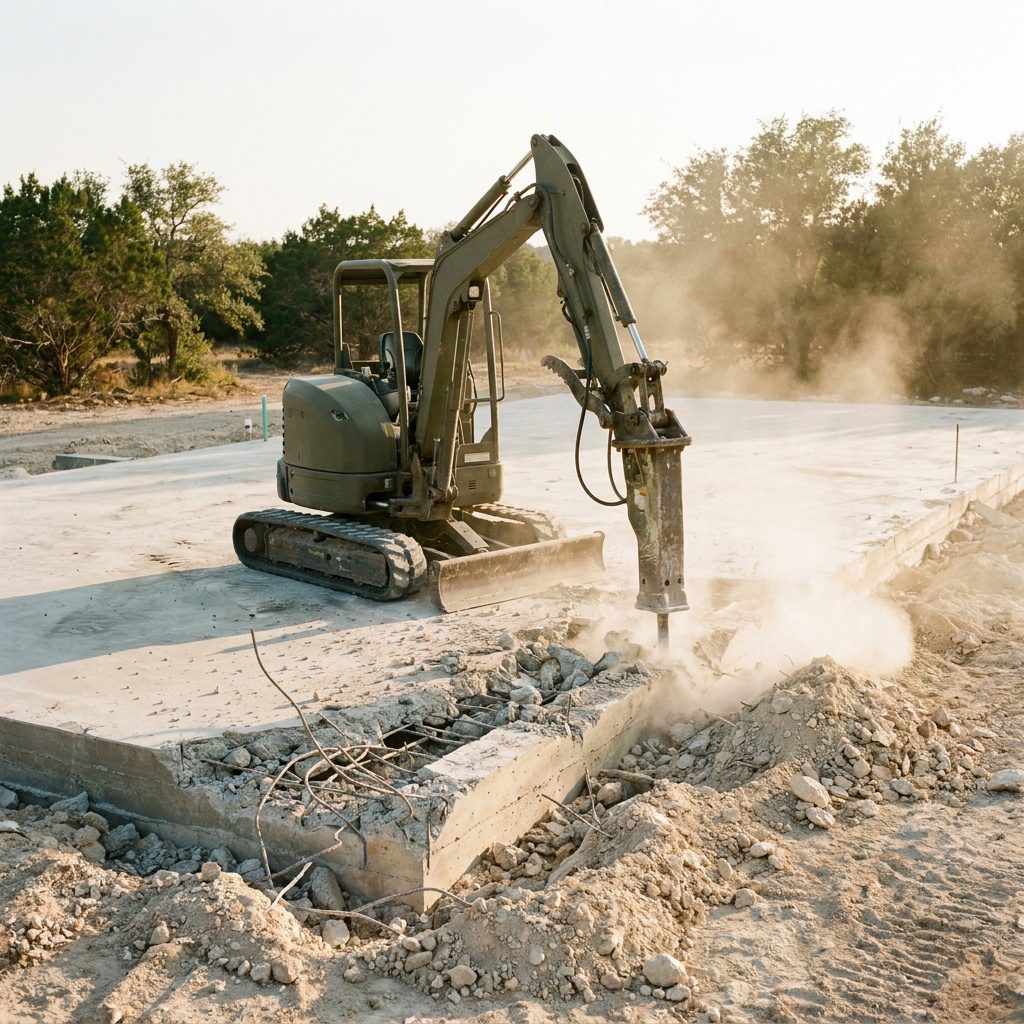 Excavator with hydraulic breaker breaking a reinforced concrete grade beam at the edge of a commercial slab
