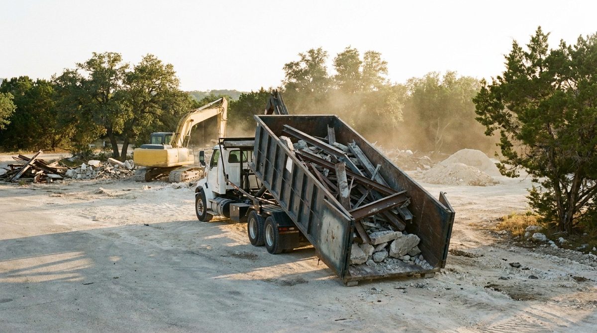 Roll-off truck dumping steel and broken concrete with an excavator loading in the background (illustration)