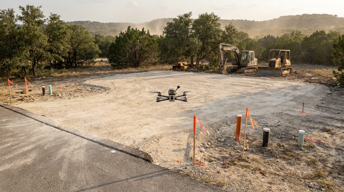 Survey drone over a cleared and rough-graded commercial building pad with survey stakes and capped utility stub-outs