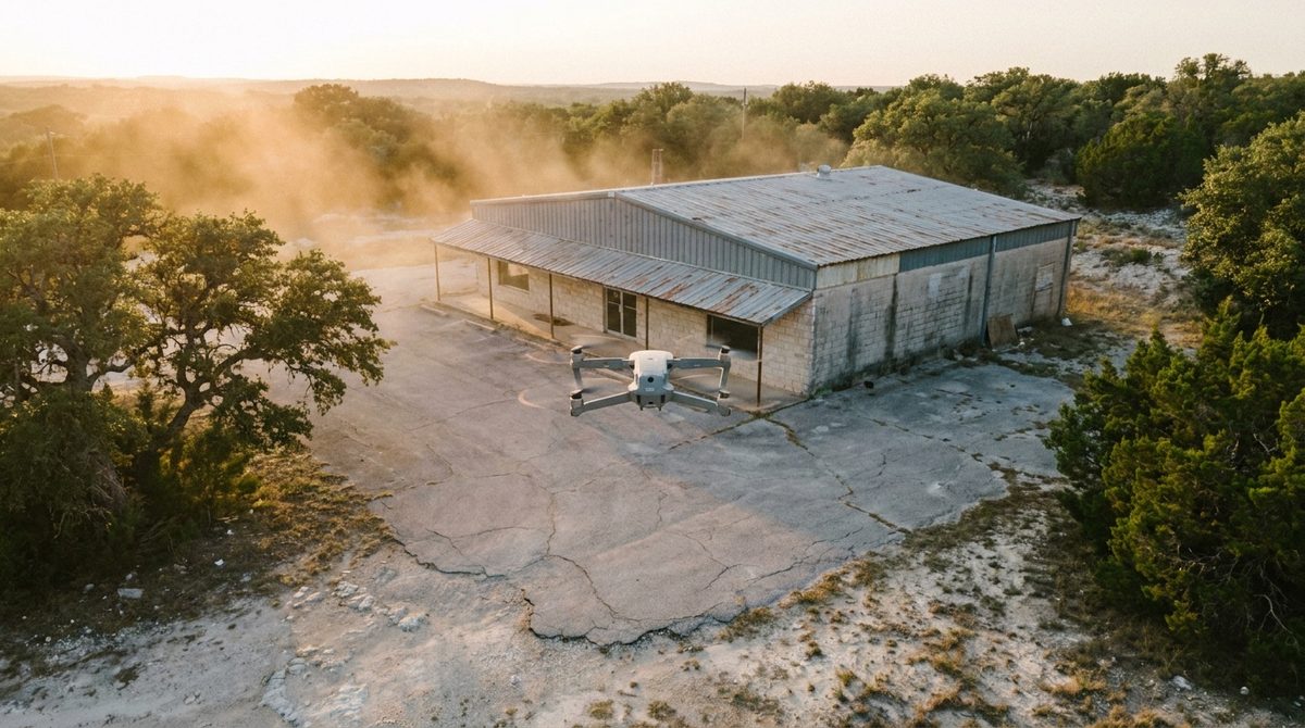 Survey drone hovering over a vacant single-story commercial block building and parking lot before demolition