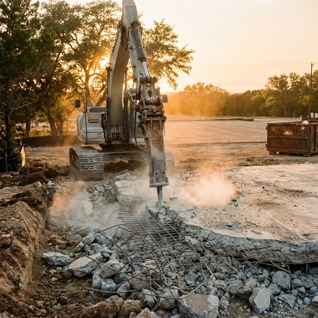 Excavator with hydraulic breaker breaking out a reinforced commercial slab-on-grade with wire mesh exposed
