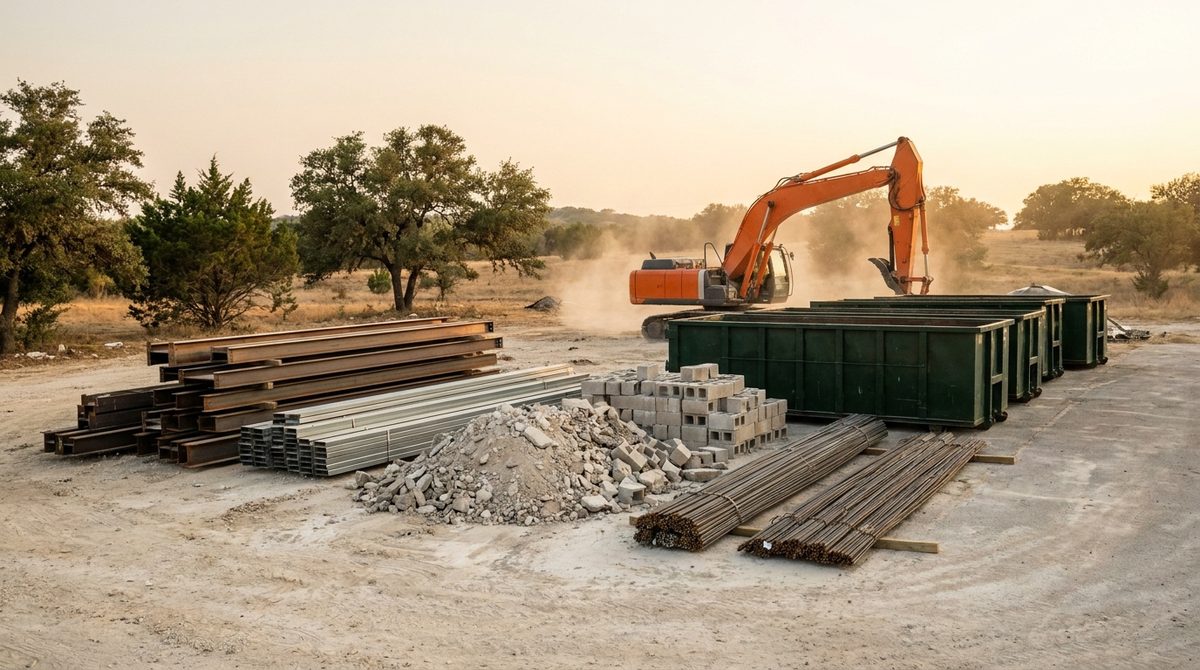 Sorted piles of structural steel, concrete, CMU block and bundled rebar beside a row of roll-off containers on a commercial demolition site
