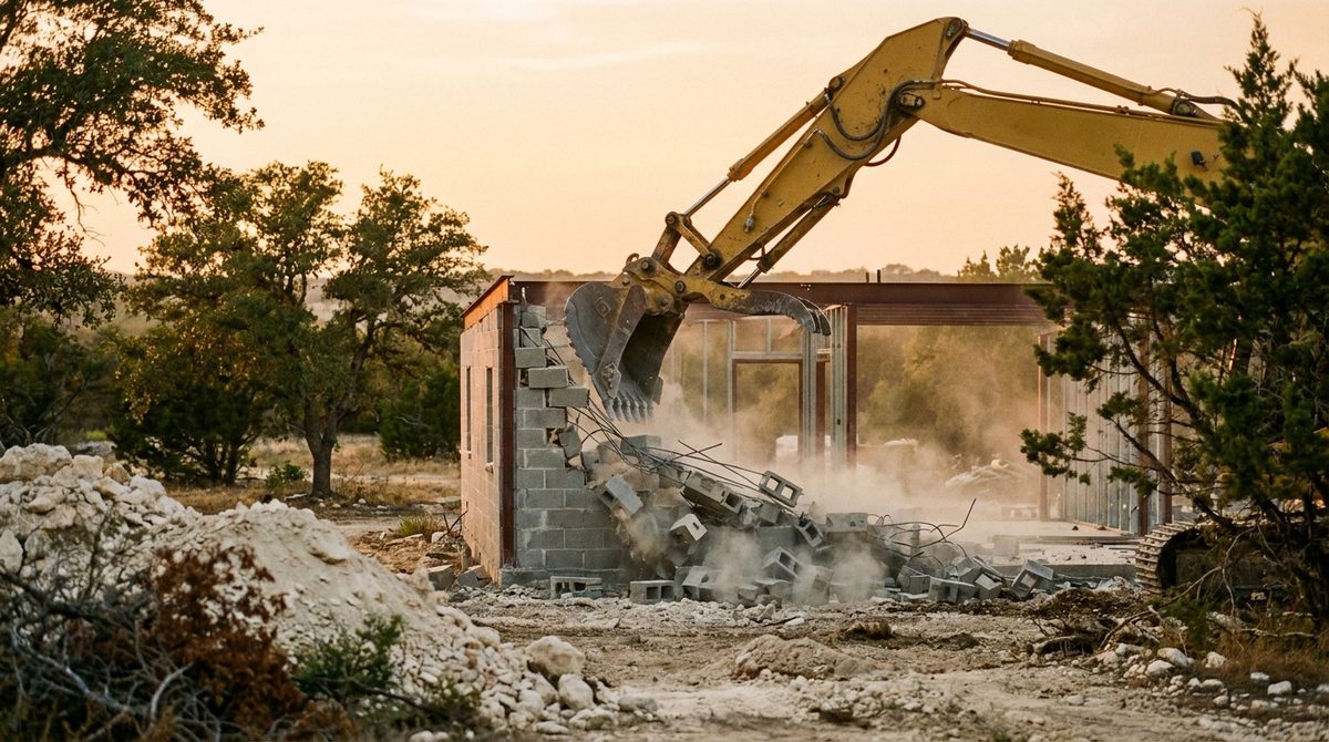 Excavator with a bucket pulling down a concrete-block wall on a steel-frame commercial building (illustration)