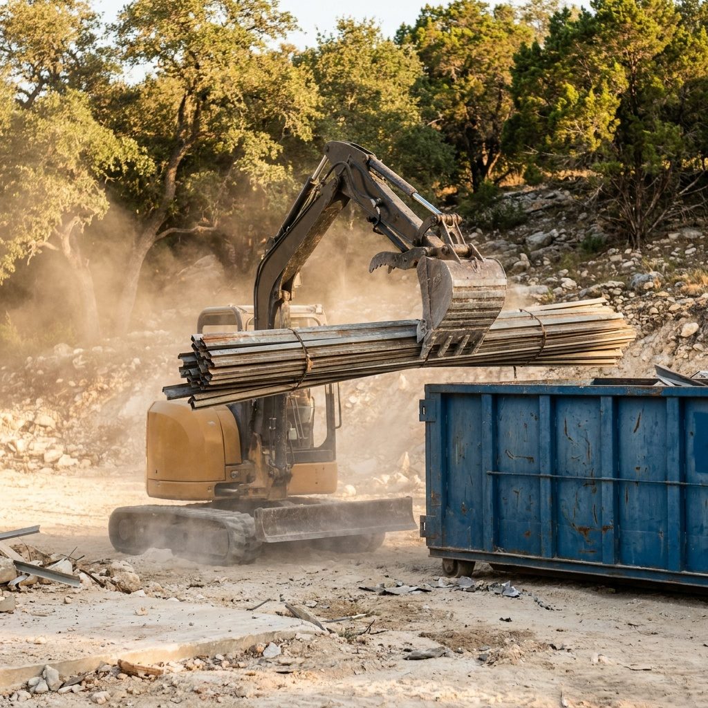 Compact excavator with hydraulic thumb loading steel roof purlins into a roll-off container
