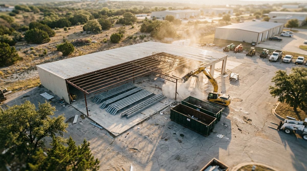 Drone aerial of a light steel-frame warehouse being demolished with trusses stacked and roll-off containers staged