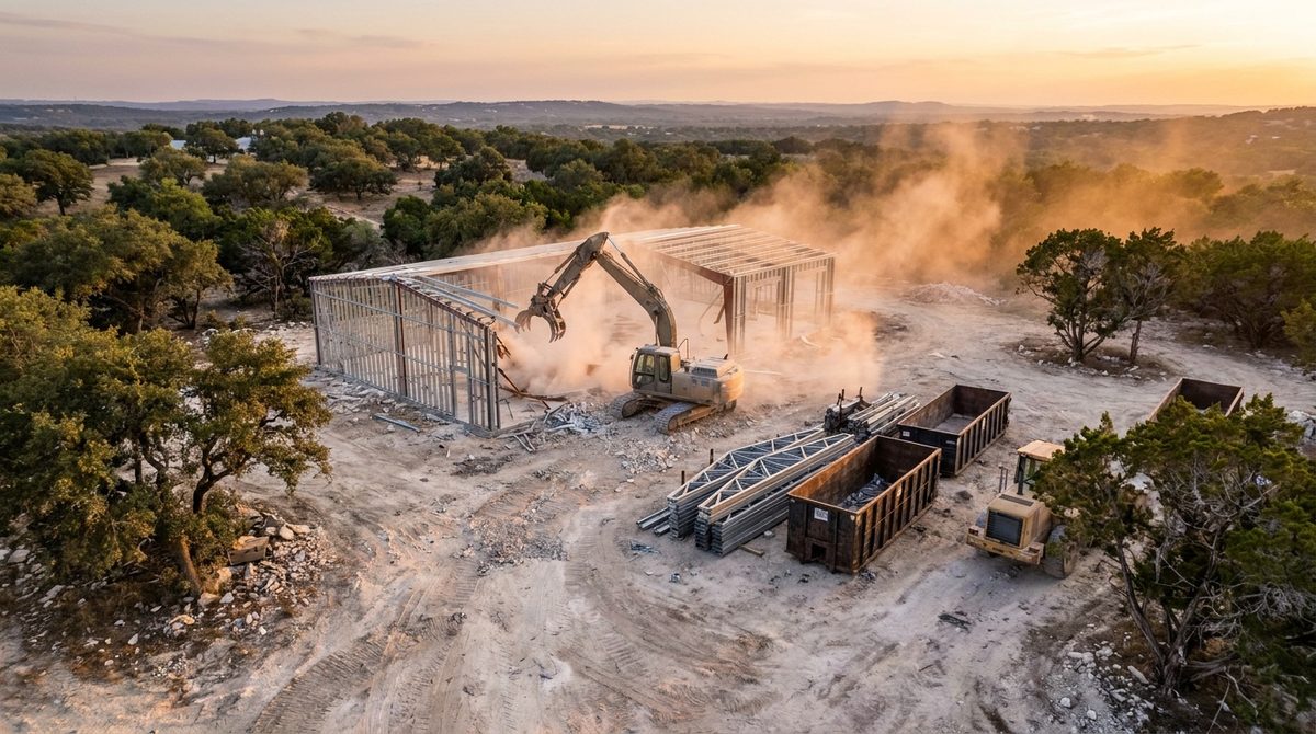Drone aerial of a steel-frame warehouse demolition with trusses stacked and roll-off containers