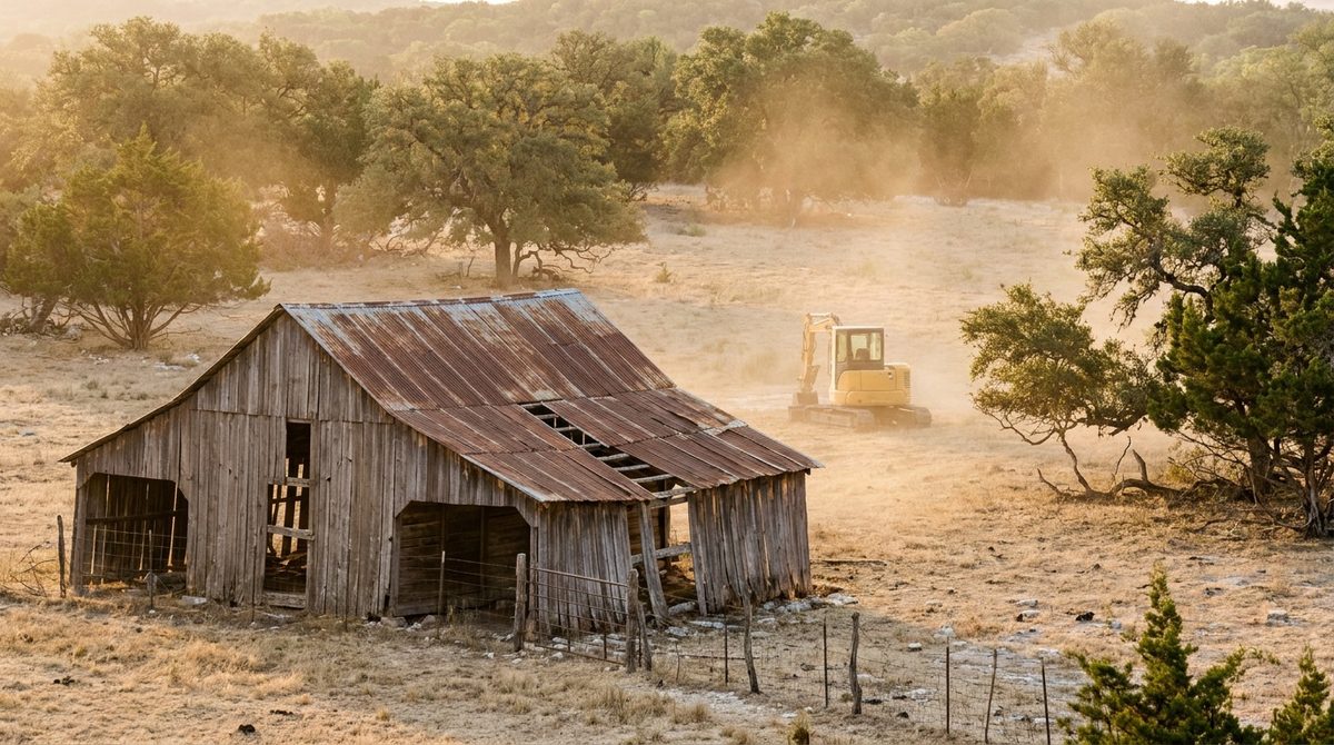 Old leaning wooden barn with rusted tin roof on Hill Country ranch pasture