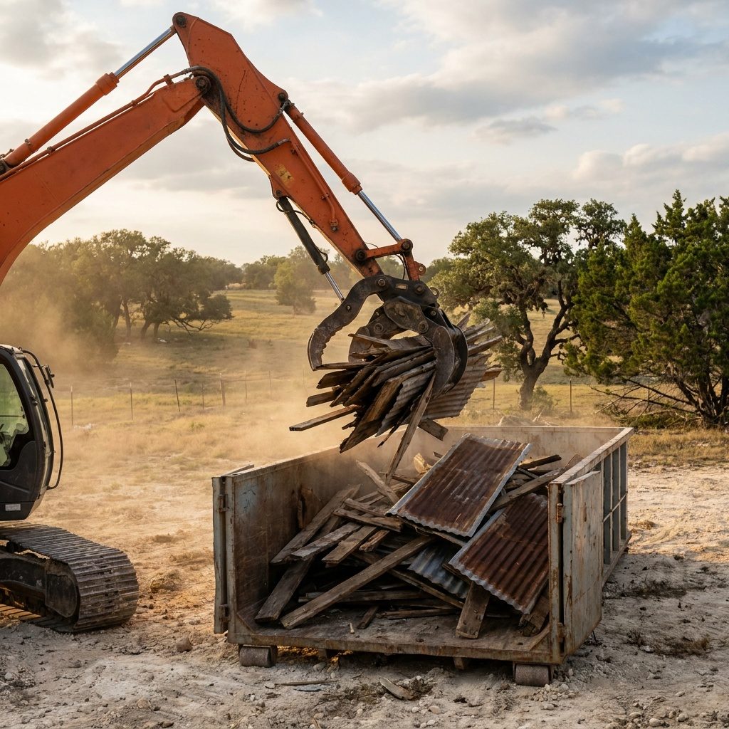 Excavator with hydraulic thumb loading barn lumber into a roll-off container on a ranch