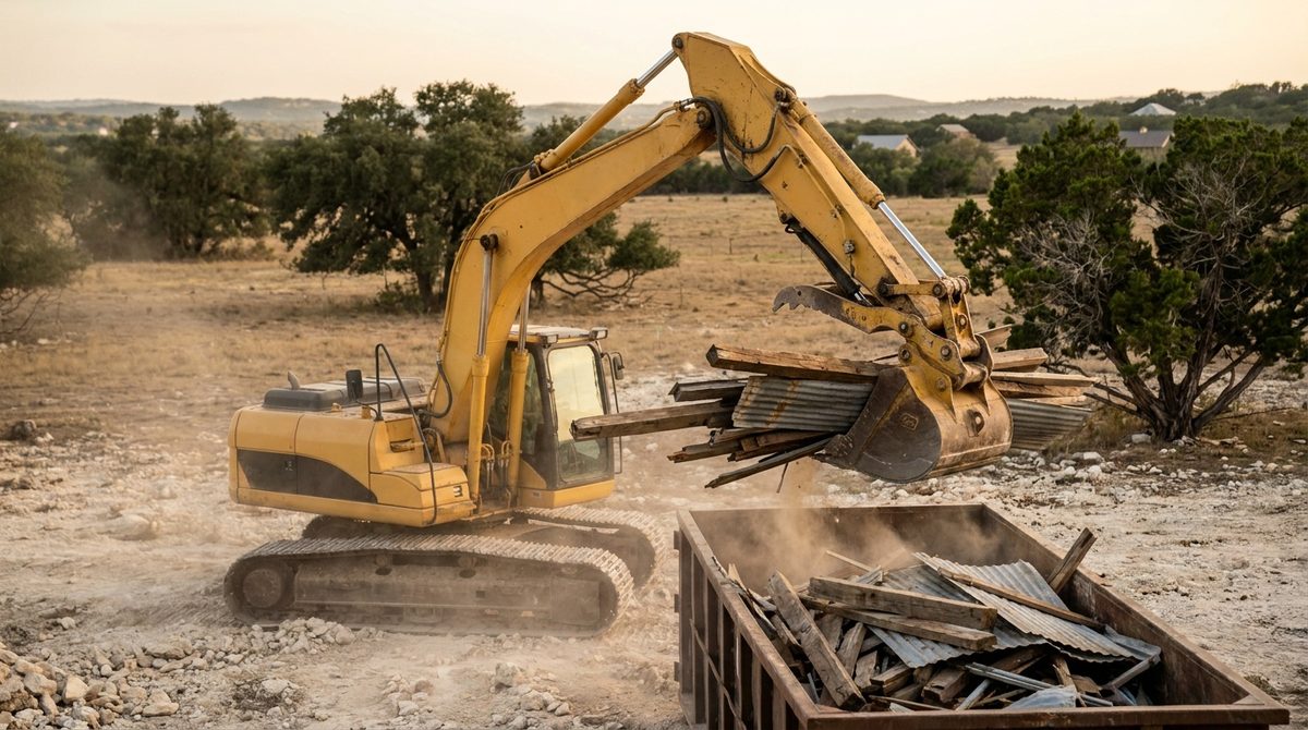 Excavator loading old barn lumber and tin roofing into a roll-off dumpster on a ranch