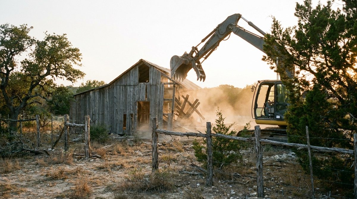 Excavator with hydraulic thumb pulling down an old wooden barn on ranch land