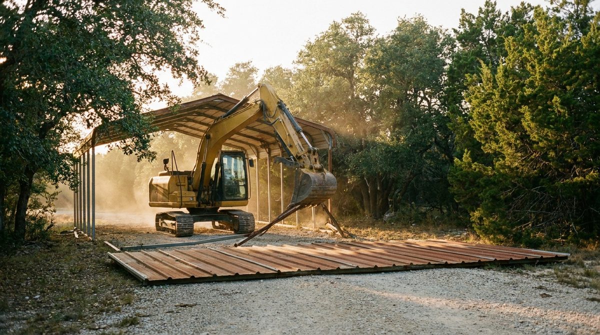 Excavator removing a rusted metal carport on a rural Texas property