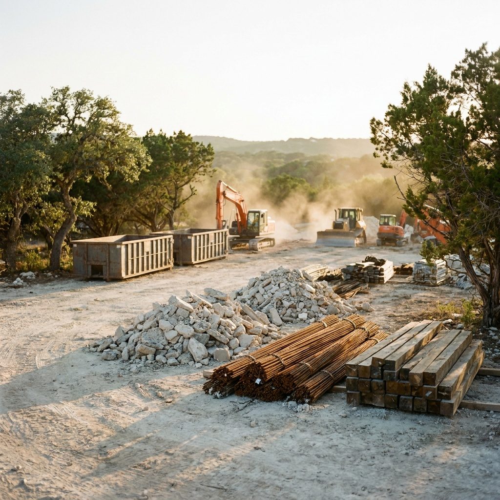 Demolition site with sorted piles of concrete rubble, bundled rebar, and wood beside roll-off dumpsters
