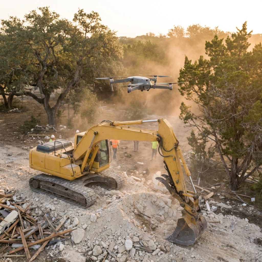 Survey drone above a demolition site with an excavator and sorted rubble below