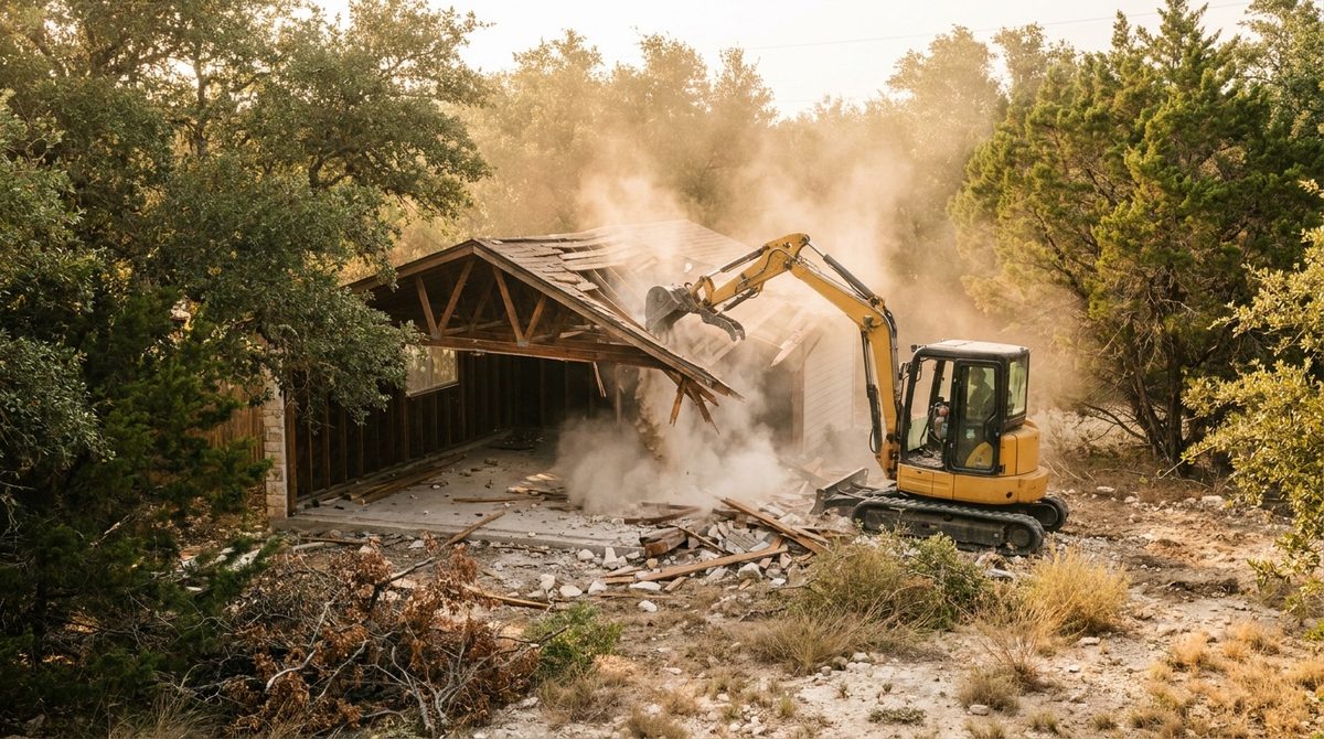 Compact excavator tearing down a detached garage with the roof collapsing inward
